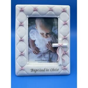 2002 Baptized In Christ Picture Frame, 3.5" X 5" Girl Bows Pink & White Ceramic